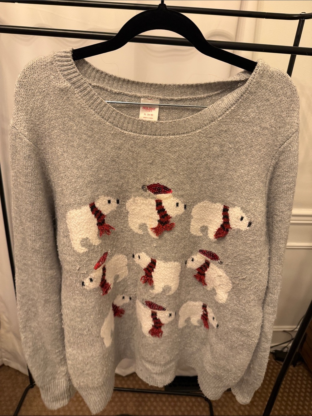 Holiday Time Gray Sweater with White Polar Bears and Red Scarves